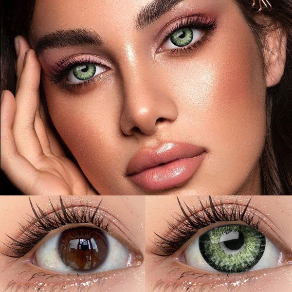 Green Contact Lenses + Kitten-Shaped Contact Lens Case, Little Devil Eye Makeup, Moisturizing, Halloween-Themed Items, Can Be Worn Daily, Suitable For Parties And Festive Occasions